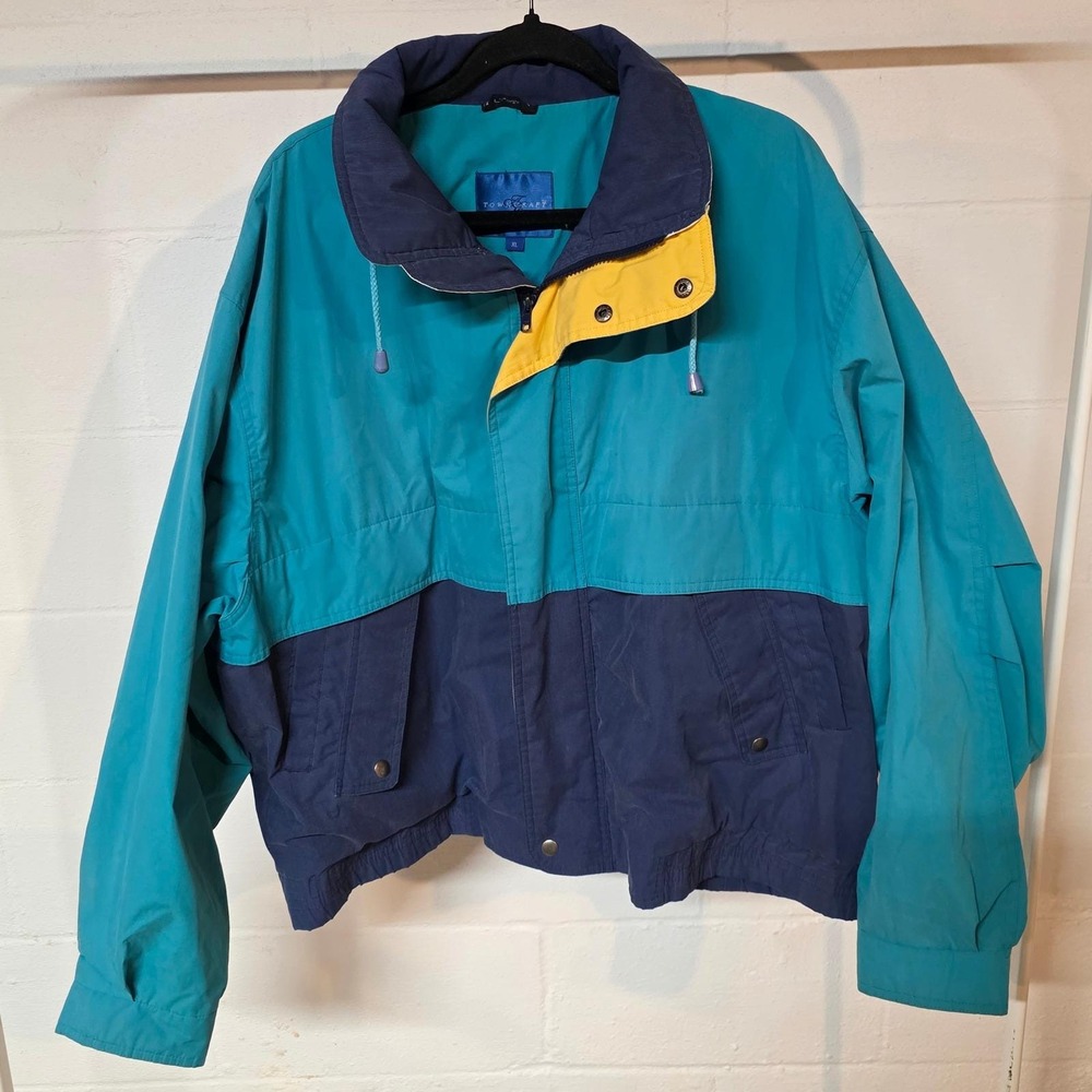 Vintage‎ Top Flight Jacket Colorblock Teal Navy Yellow Colorblock Windbreaker XL